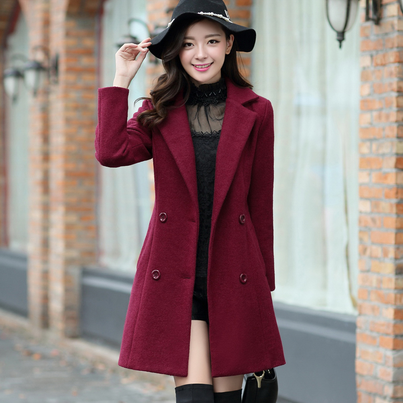 2015冬季新款女装外衣韩版毛呢外套女中长款双排扣羊毛呢子大衣厚