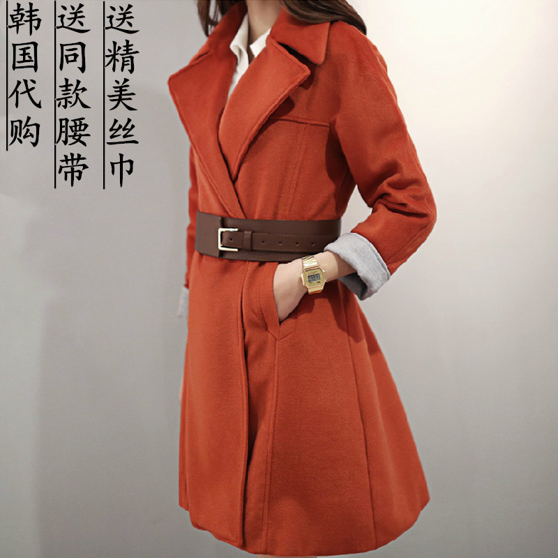 毛呢外套女2015秋冬新款韩版呢大衣修身显瘦中长款呢子大衣送腰带