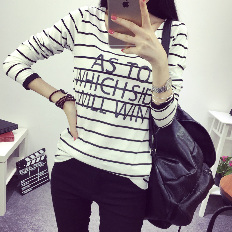 2015秋装新款韩版印花长袖t恤女修身显瘦学生上衣条纹体恤打底衫