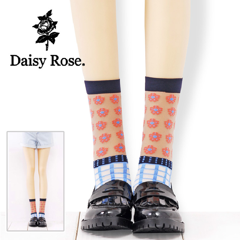 短袜 棉 透气原宿秋款袜子花朵提花学生女袜方格撞色可爱日本袜子