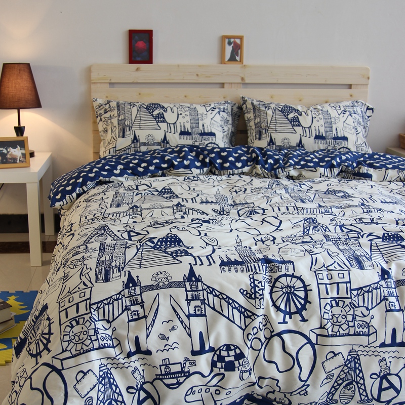 极有家发现 简约蓝色卡通全棉儿童床上用品 纯棉床单床笠四件套