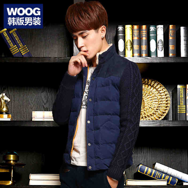 2015冬装韩版新款青少年男款棉服加厚立领针织袖蓝色潮棉衣外套