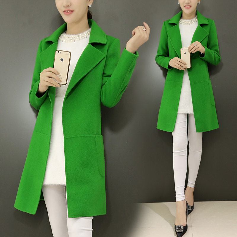 2015韩版冬装新款女士毛呢外套纯色风衣中长款修身双面呢子大衣女