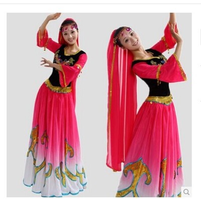 新疆舞蹈服装粉色过渡女维族舞蹈服饰 少数民族舞蹈大摆裙演出服
