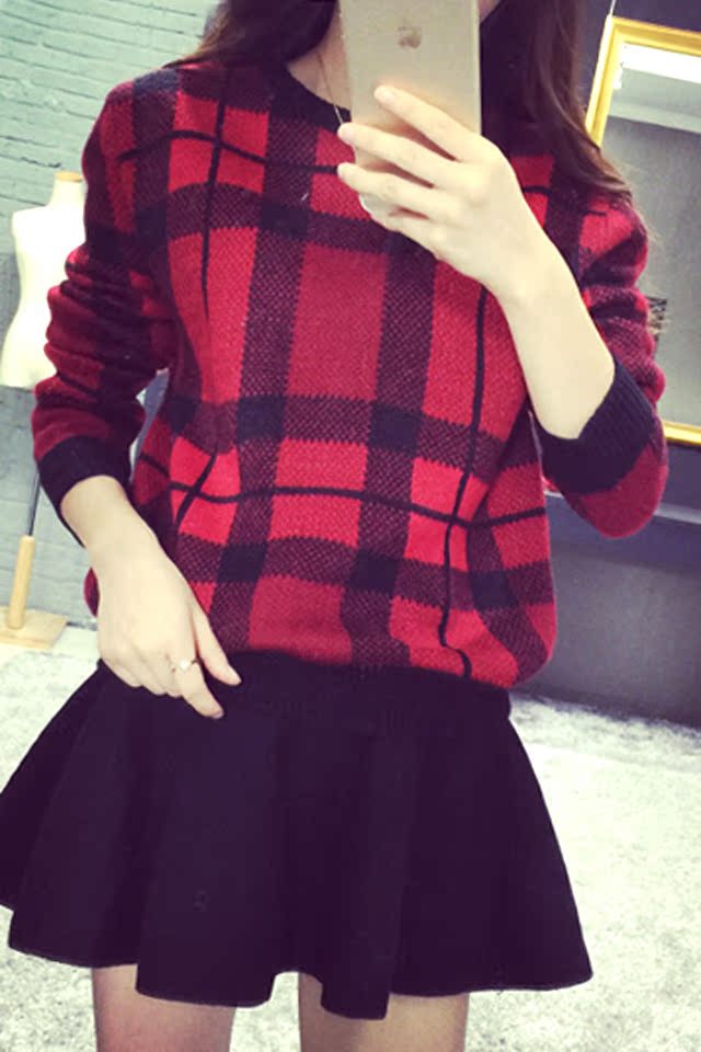 【天天特价】2015春季新款韩版学院风彩色格子宽松毛衣女针织衫折扣优惠信息