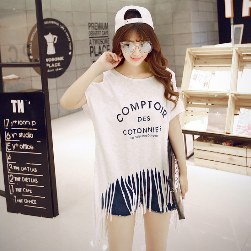 新款韩版大码女装宽松上衣服夏季流梳体恤女人印花流苏短袖t恤衫