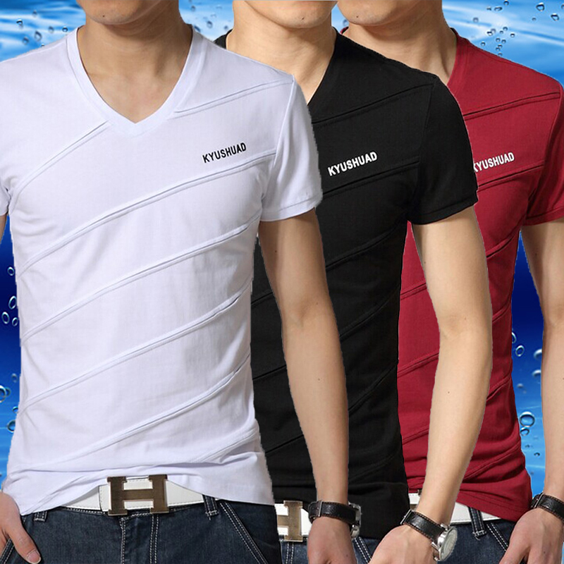 男士t恤夏季短袖v领纯棉小打底衫印花免烫修身薄款青年学生韩版潮