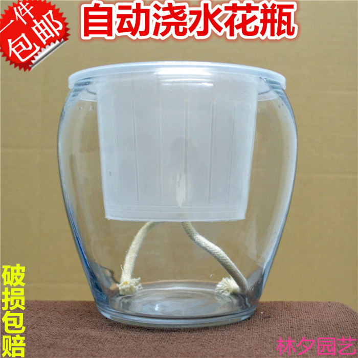 自动吸水浇水玻璃花瓶水培透明无底孔花盆植物容器皿配 带定植篮