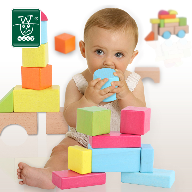 wtoy儿童积木 木制大块45粒桶装1-3岁男女童益智力玩具宝宝礼物