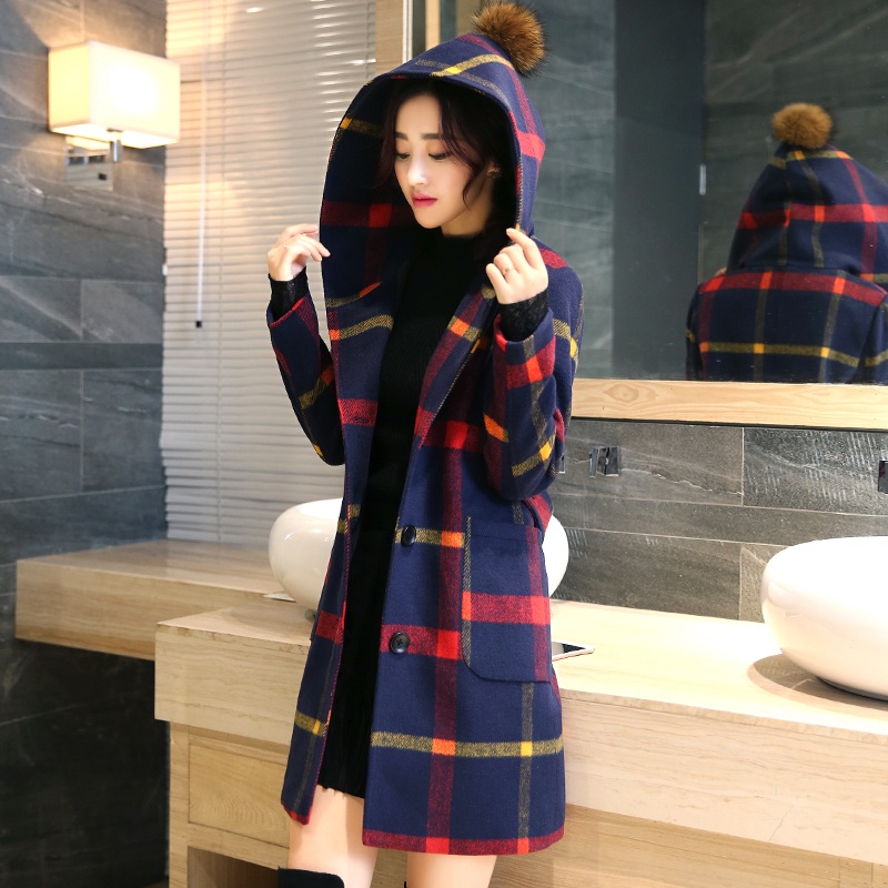 毛呢外套女装加厚2015秋冬装中长款修身格子韩版时尚大码呢子大衣