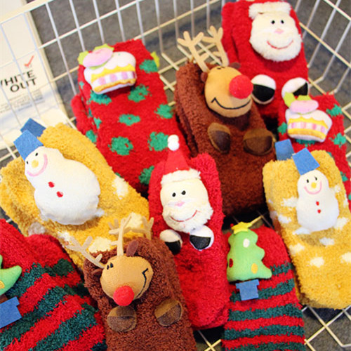 冬季可爱糖果色亲子圣诞袜立体卡通珊瑚绒地板袜防滑保暖家居袜折扣优惠信息