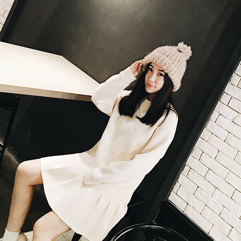 2015秋冬新款韩版女装中长款女士大码连衣裙长袖圆领空气层百褶裙