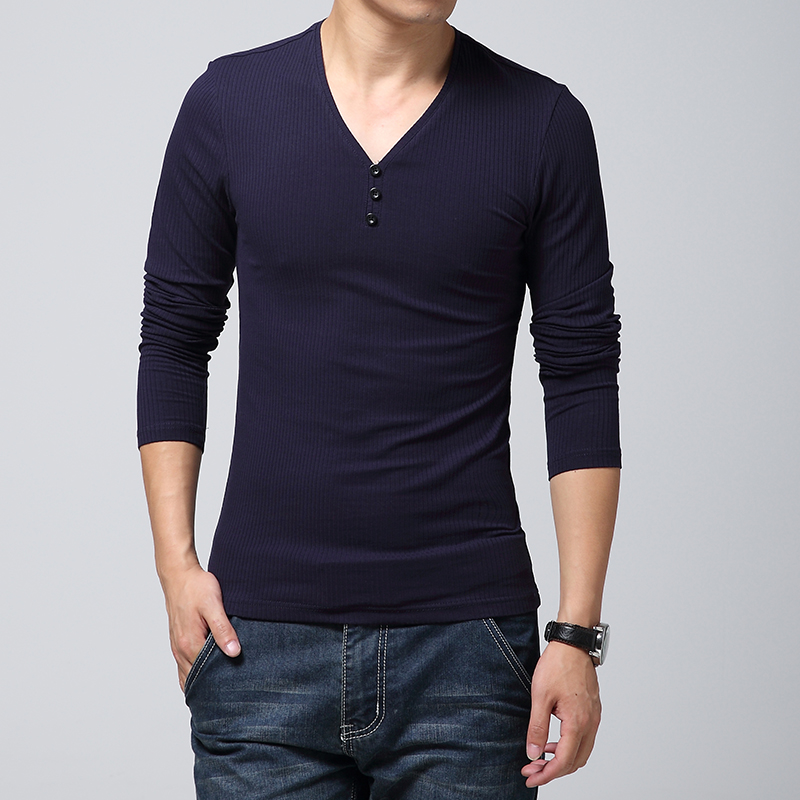 2016春新款男长袖T恤韩版修身v领针织打底衫套头英伦加大码青少年