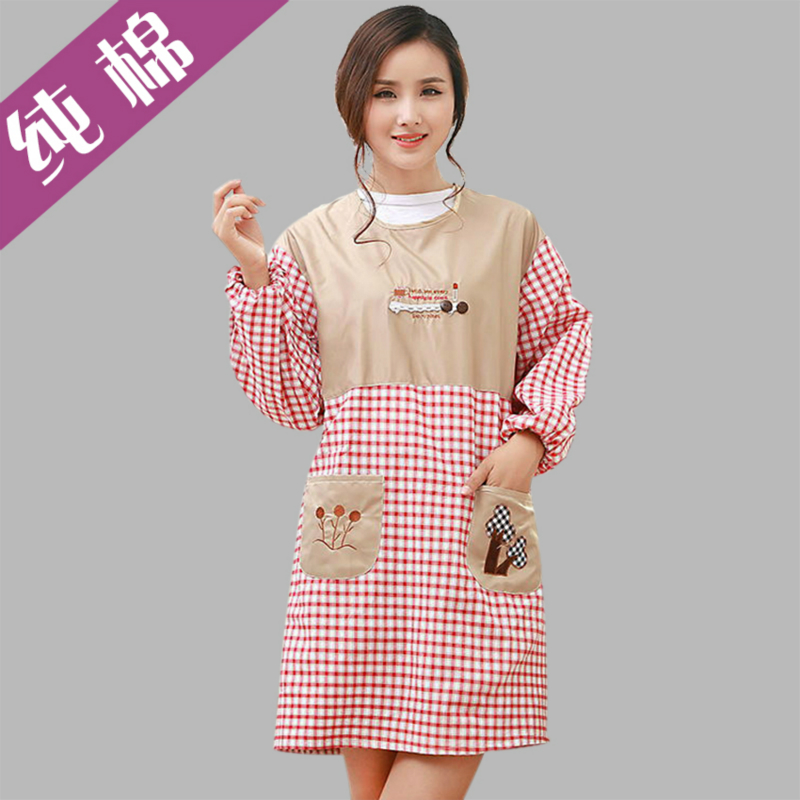 韩版时尚可爱长袖女围裙 纯棉厨房做饭成人带袖工作服 罩衣反穿衣
