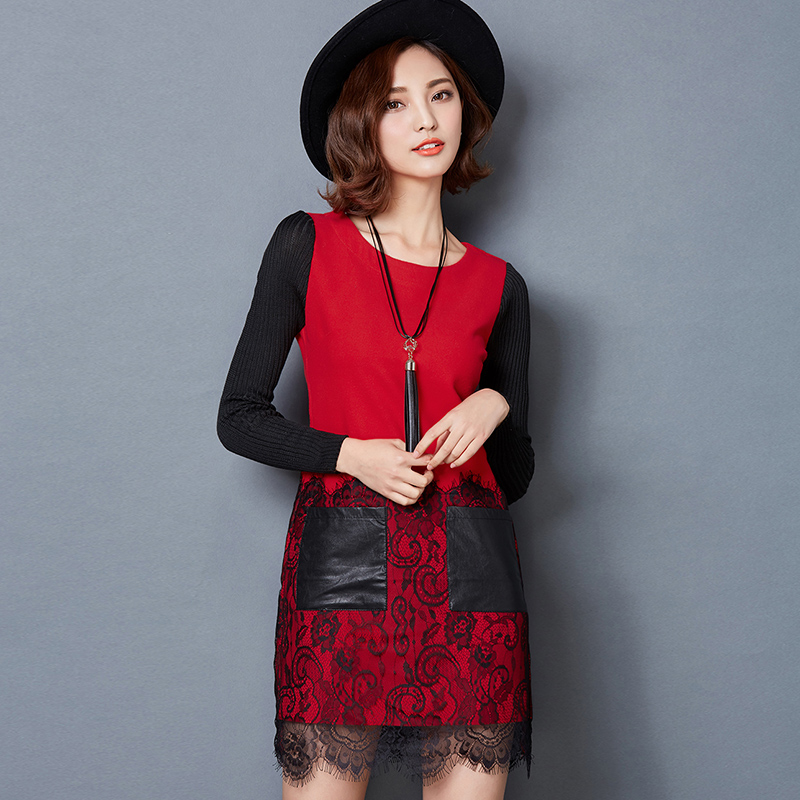 米凯衣橱2016新款韩版女装蕾丝拼接针织PU皮修身显瘦长袖连衣裙折扣优惠信息