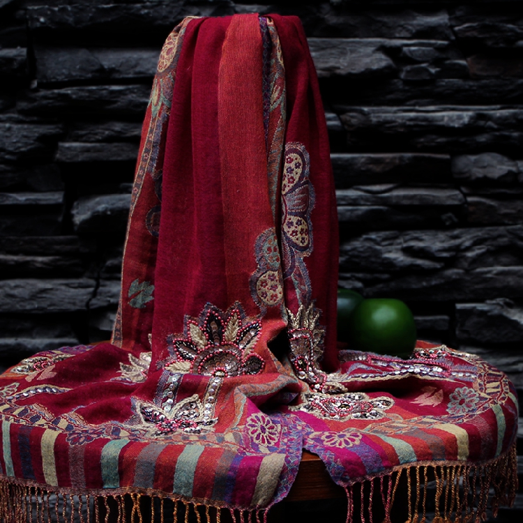 印度尼泊尔手工钉珠披肩 佩利斯腰果花 酒红色重工刺绣羊毛围巾