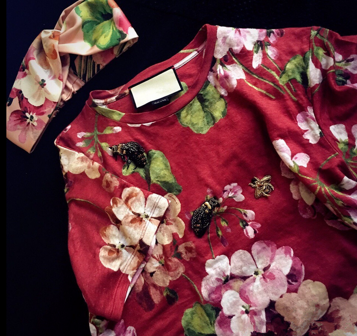 2016女装新款欧美复古天竺葵花朵印花小蜜蜂钉珠宽松短袖T恤女潮