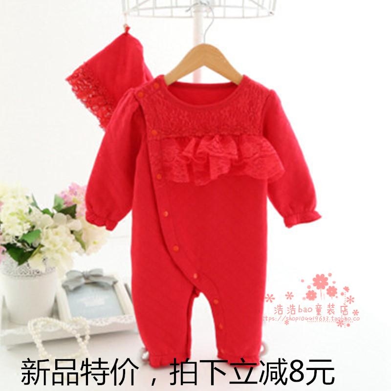 红色满月百天礼服空气棉连体衣新生儿婴儿连身衣韩版公主蕾丝礼服