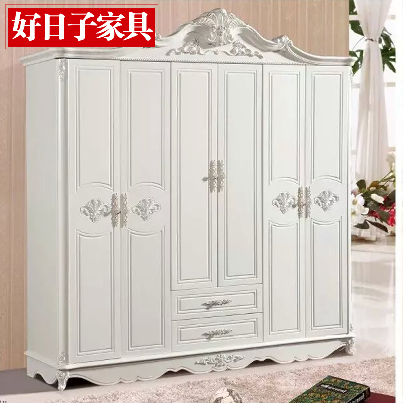 欧式衣柜田园法式实木橡木白色衣橱六门衣柜现代简约卧室储物衣柜