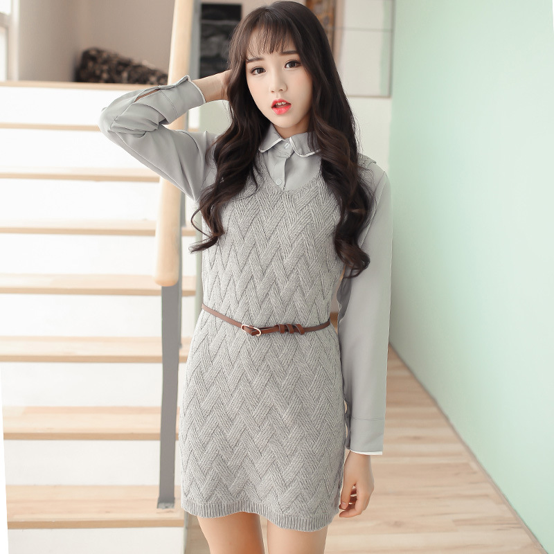 2015冬季女装新款韩版毛线拼接流行大气甜美连衣裙