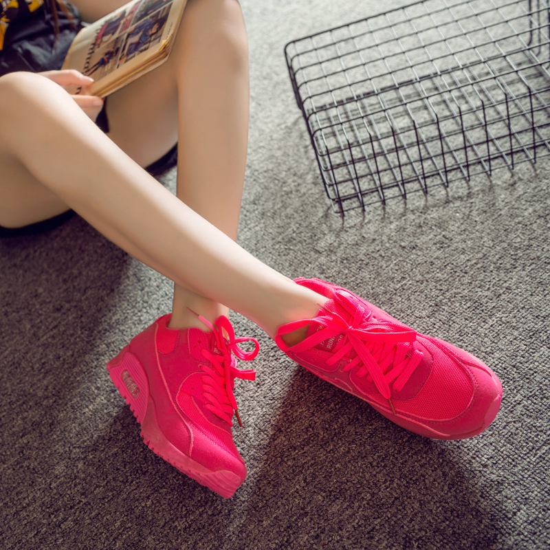 2015夏韩版运动鞋女厚底骚粉跑步鞋网布透气系带学生运动风休闲鞋