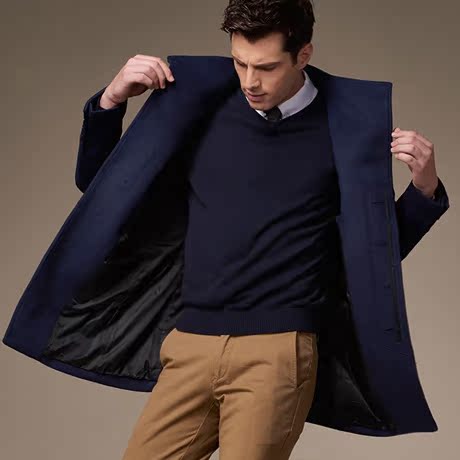 2015冬季新款简约时尚商务休闲保暖男装羊毛呢大衣中长款风衣外套