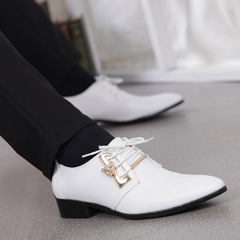 商务青年男士白色皮鞋男潮韩版真皮系带正装英伦尖头婚鞋男内增高