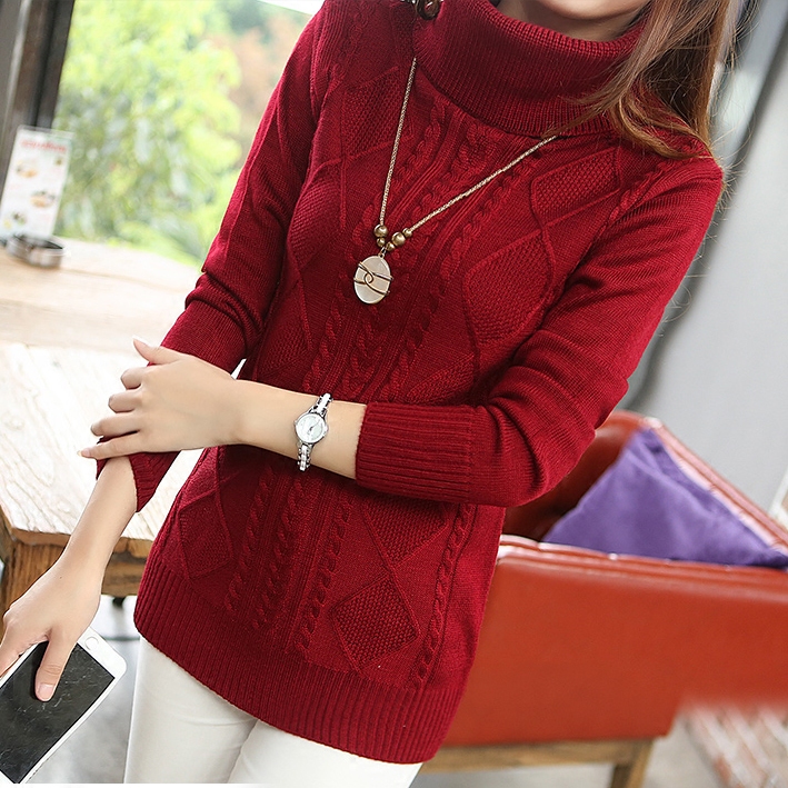 2015秋冬季新款高领毛衣女士套头中长款修身加厚打底衫韩版针织衫