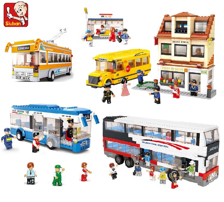 快乐小鲁班拼装积木 乐高式城市塑料拼插组装男孩儿童玩具车巴士