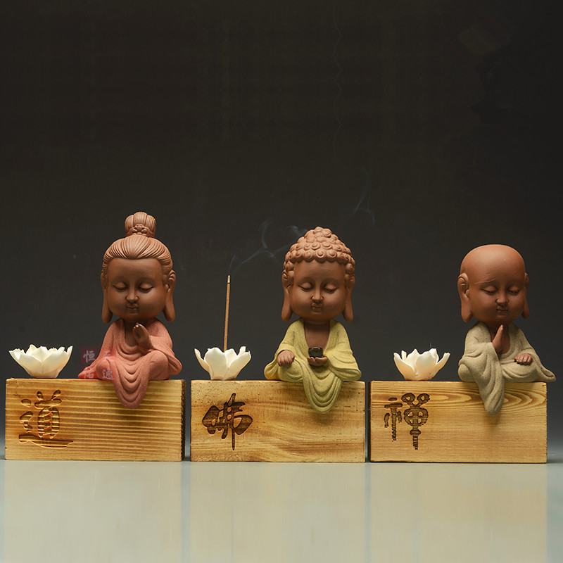 Q版陶瓷佛像 装饰观音禅意佛像如来地藏菩萨创意木头底座玄关摆件