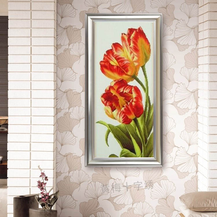 CMC最新款精准印花十字绣郁金香竖版客厅大幅画卧室温馨图系列