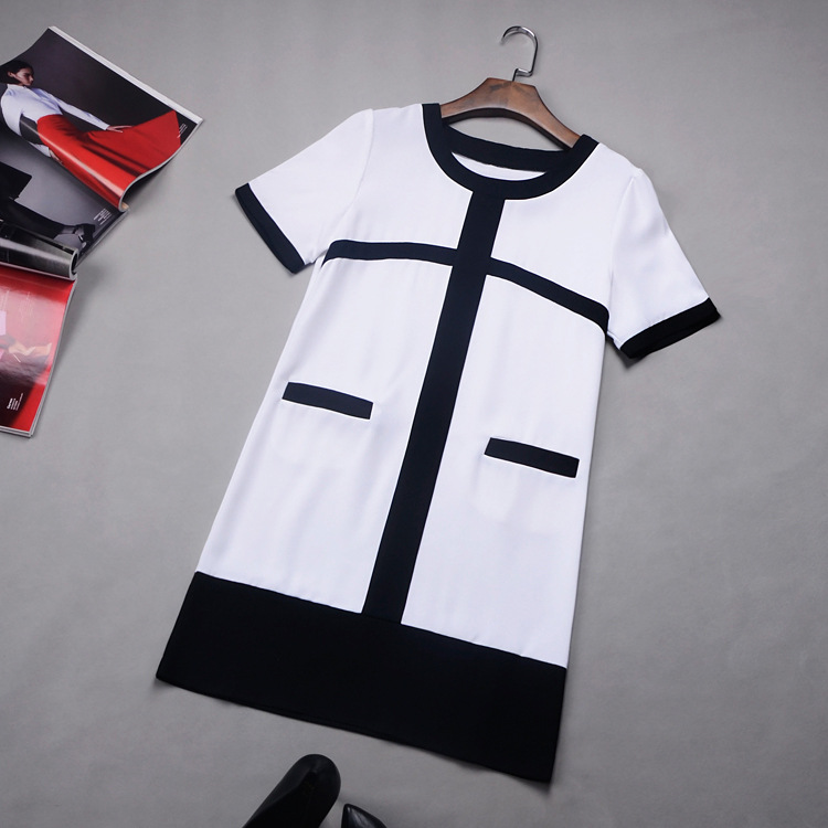 2015欧洲站春夏新款高端品质黑白拼色圆领真丝修身连衣裙
