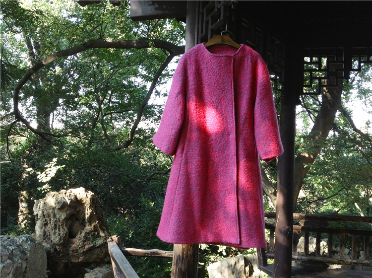 原味森林原创自制 玫红灰色撞色圈圈羊毛呢大衣 外套