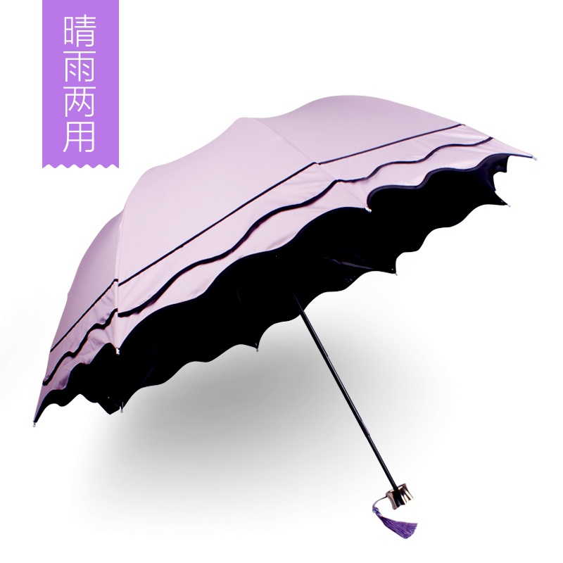 韩版创意黑胶太阳伞折叠女晴雨伞超强紫外线防晒双层荷叶边遮阳伞