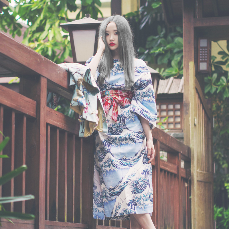RED独家自制 日式和风 日本布浮世绘神奈川 高叉纯棉连衣裙