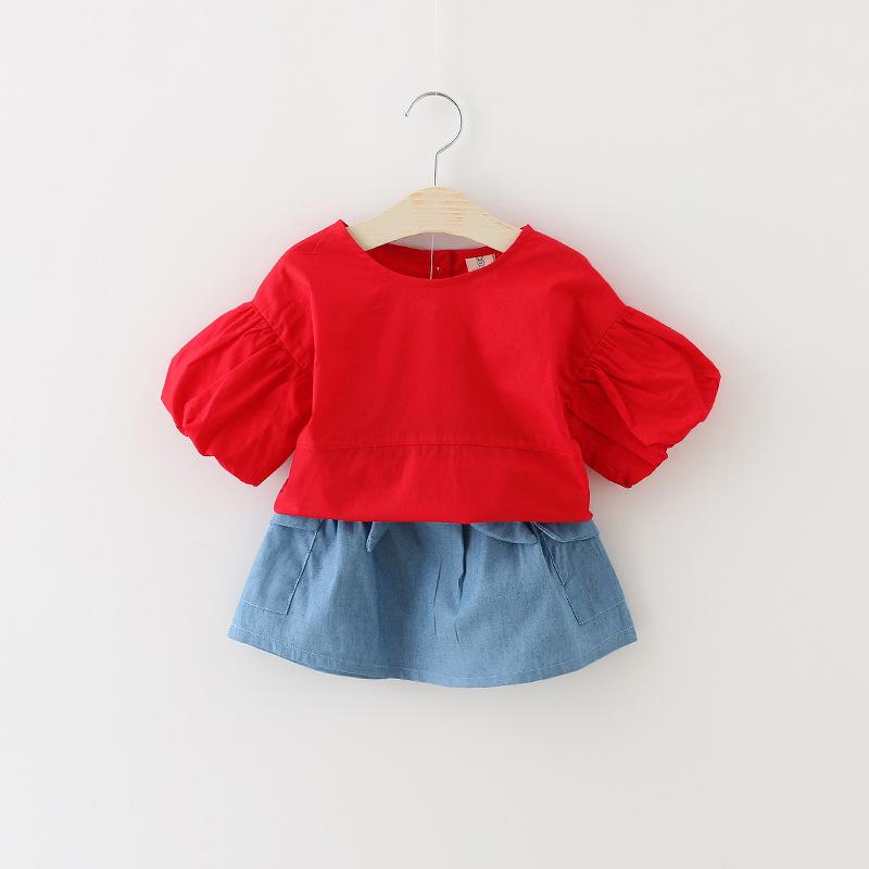 女童牛仔裙子1-2-3岁女宝宝泡泡袖红色短袖套装婴儿纯棉可爱短裙