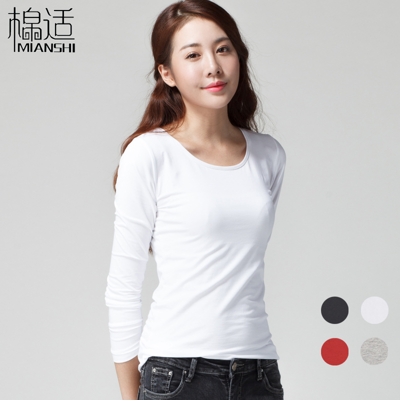 棉适2016春秋韩版修身上衣白色长袖T恤女纯色圆领打底衫折扣优惠信息