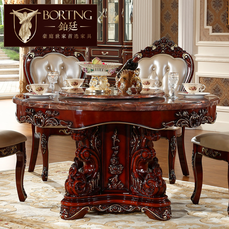 欧式餐桌 美式实木圆餐桌椅组合豪华实木餐台 天然大理石高档餐桌