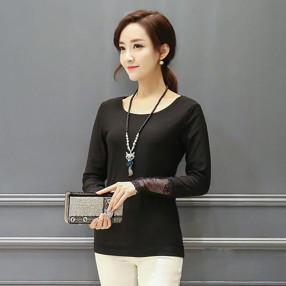 韩版2016春装新款黑色外穿长袖t恤百搭修身显瘦拼接圆领打底衫 潮