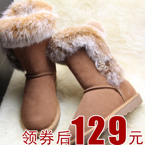 2016新款 栗色平跟中筒靴冬季5803毛口圆头拼色磨砂 女鞋雪地靴子