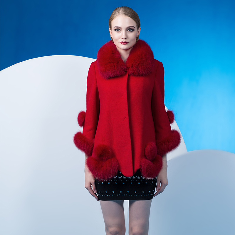 2015秋冬新款欧美狐狸毛领中长款宽松斗篷式羊毛大衣毛呢外套女装