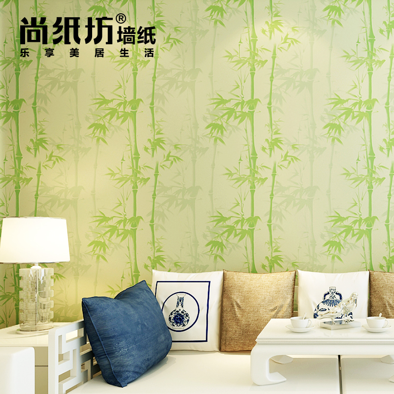 新款中式无纺布壁纸墨竹客厅书房背景绿色水墨竹子特价中国风墙纸