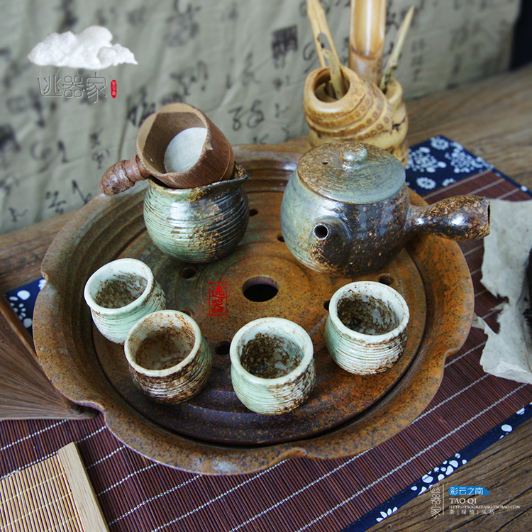 粗陶茶壶茶盘茶杯 日式功夫茶具整套 手工仿古陶瓷粗陶茶具套装莲