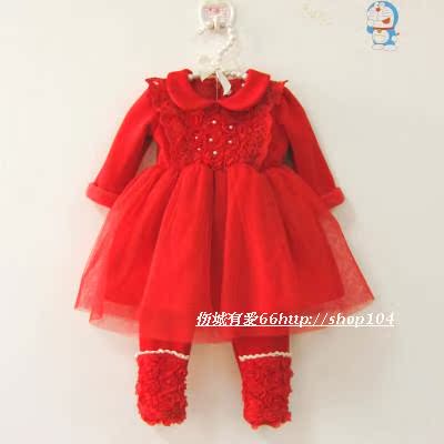 冬装 婴儿百天周岁礼服裙 女宝韩版加绒套装 喜庆红色保暖两件套