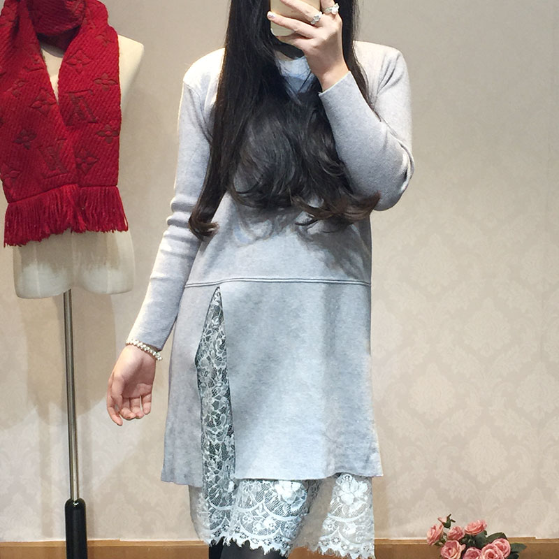 韩版2015蕾丝中长款修身连衣裙冬装长袖针织衫假两件两层半高领装
