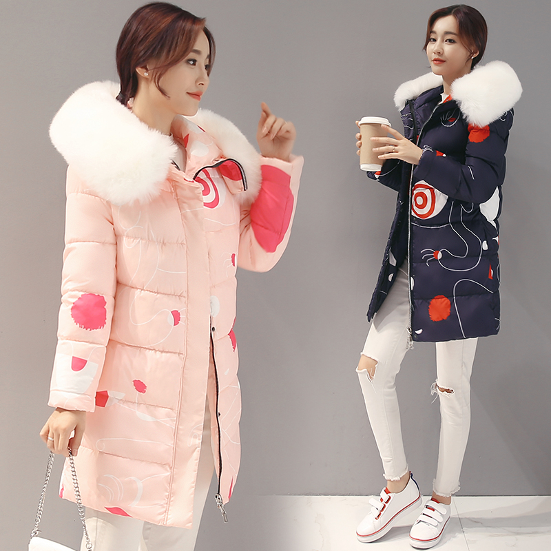 16冬季新款印花加厚羽绒服女韩版超大毛领中长款羽绒棉衣外套修身