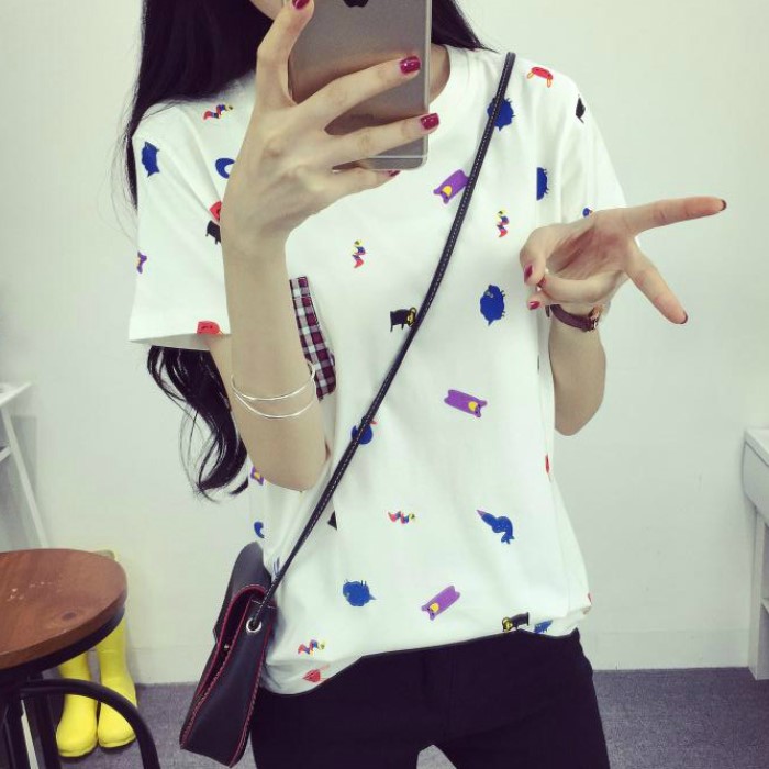 韩版2016夏季新款女装宽松时尚中长款口袋卡通印花短袖T恤女上衣