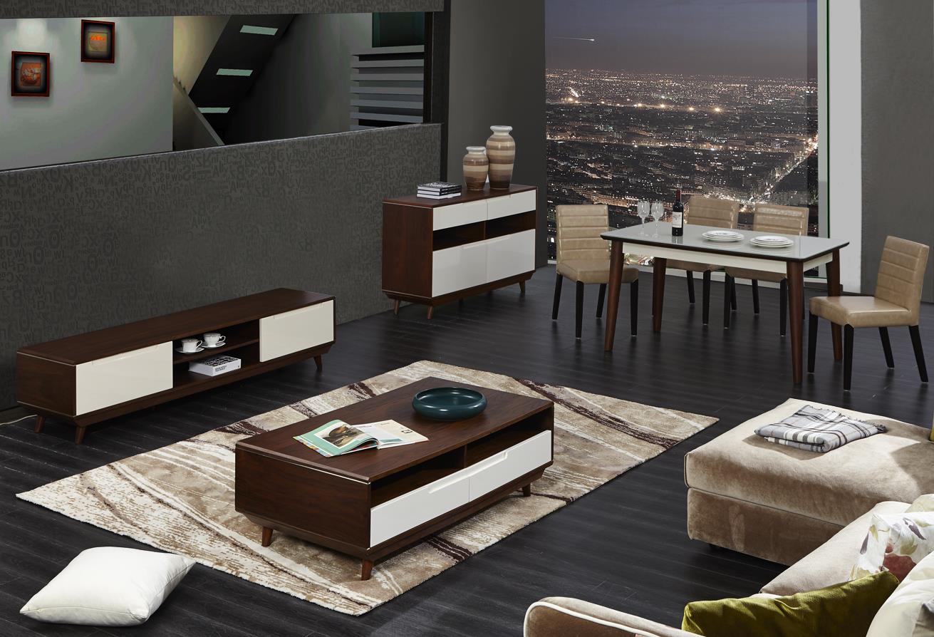 黑胡桃木皮电视柜茶几餐桌椅组合简约现代客厅成套实木家具餐边柜