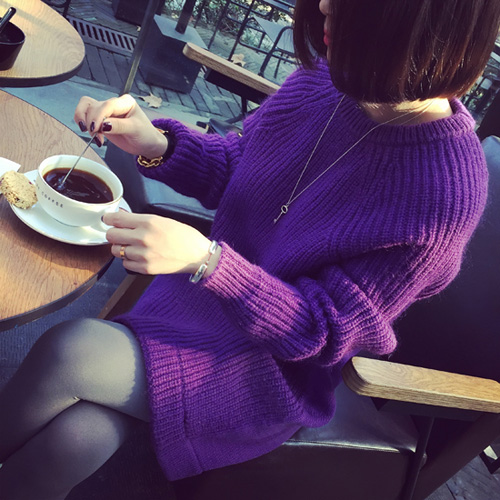 韩国秋冬圆领套头宽松显瘦中长款紫色针织女士毛衣连衣裙ulzzang
