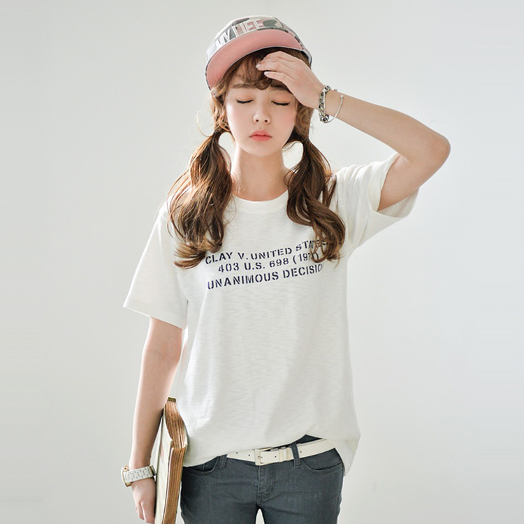 现货(CVC拉架)2015韩版夏装中长款字母印花宽松圆领短袖t恤女